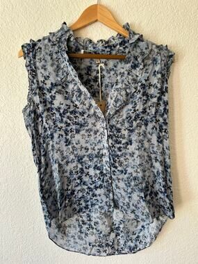 Go by Go Silk Ruffle Neck Floral Blouse 100% Silk Blue Gray Sleeveless ditsy